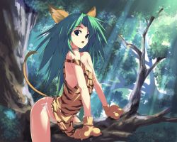 Rule 34 | 1girl, animal ears, animal hands, arched back, ass, blue eyes, breasts, cham cham, fang, female focus, gloves, green hair, highres, jungle, kawata hisashi, nature, nipple slip, nipples, no bra, outdoors, panties, paw gloves, petite, samurai spirits, side-tie panties, small breasts, solo, tail, tree, underwear, white panties