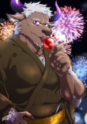Rule 34 | 1boy, animal ears, bara, candy apple, chest hair, cow boy, cow ears, cow horns, festival, fireworks, food, furry, furry male, green kimono, hand on own hip, highres, horns, japanese clothes, kimono, large pectorals, licking, looking at viewer, male focus, muscular, pectorals, purple eyes, purple horns, shennong (housamo), short hair, sideburns, solo, tokyo houkago summoners, upper body, white hair, yanai inaya