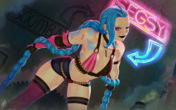Rule 34 | 1girl, arm tattoo, arrow (symbol), bare shoulders, bent over, black lips, black shorts, braid, breasts, bullet, cloud tattoo, collarbone, feet out of frame, fingerless gloves, gloves, glowing, glowing eye, green hair, highres, holding, holding hair, jinx (league of legends), league of legends, navel, one eye closed, outdoors, pink thighhighs, rain, red eyes, shorts, shoulder tattoo, single thighhigh, small breasts, smile, stomach, tattoo, themaestronoob, thighhighs, twin braids, twintails