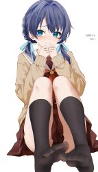 1girl 3: absurdres artist_name black_socks blue_eyes blue_hair blue_ribbon blush brown_cardigan brown_dress cardigan character_name closed_mouth commentary dress feet frown full_body hair_ribbon hands_up hasu_no_sora_school_uniform highres kiratto777 kneehighs link!_like!_love_live! long_hair long_sleeves looking_at_viewer love_live! low_twintails murano_sayaka neckerchief nose_blush open_cardigan open_clothes pleated_dress red_neckerchief ribbon sailor_collar sailor_dress school_uniform short_dress simple_background socks soles solo toes twintails virtual_youtuber white_background white_sailor_collar winter_uniform