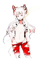 Rule 34 | 1girl, arm belt, blunt bangs, bow, buckle, cigarette, clothes pull, collarbone, collared shirt, contrapposto, cowboy shot, flat chest, fujiwara no mokou, groin, hair bow, highres, lips, long hair, looking at viewer, midriff, mouth hold, navel, nipples, no bra, ofuda, open clothes, open shirt, panties, pants, pants pull, panty pull, parted lips, red eyes, red pants, shirt, short sleeves, simple background, sinzan, solo, standing, stomach, teeth, torn clothes, torn pants, torn shirt, touhou, tsurime, underwear, very long hair, white background, white bow, white hair, white panties, white shirt, wing collar