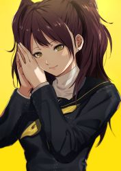 Rule 34 | 1girl, absurdres, black sailor collar, black shirt, breasts, brown eyes, brown hair, closed mouth, hands up, high collar, highres, huge filesize, kujikawa rise, long hair, long sleeves, medium breasts, misaki nonaka, neckerchief, persona, persona 4, sailor collar, school uniform, serafuku, shirt, simple background, smile, solo, two side up, upper body, white shirt, yellow background, yellow neckerchief