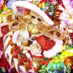 Rule 34 | 1girl, blonde hair, bow, capelet, christmas ornaments, closed mouth, dress, flower, fur trim, gloves, hat, hat bow, holding, long hair, looking at viewer, mamaloni, original, red capelet, red dress, red eyes, red flower, red hat, red rose, rose, smile, solo, white gloves