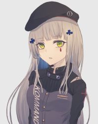 Rule 34 | 1girl, bad id, bad pixiv id, beret, breasts, crossed bangs, girls&#039; frontline, green eyes, grey hair, hair ornament, hairclip, hat, highres, hk416 (girls&#039; frontline), long hair, looking at viewer, open mouth, simple background, solo, tactical clothes, teardrop facial mark, teardrop tattoo, uniform, upper body, white background, yukiko (leovioykk)