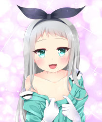 Rule 34 | 1boy, :3, :d, absurdres, ikazu401, black bow, blend s, blush, bow, bright pupils, commentary request, gloves, green eyes, hair bow, hairband, highres, kanzaki hideri, lens flare, long hair, looking at viewer, male focus, off shoulder, open mouth, pink background, silver hair, single bare shoulder, smile, solo, sparkle, stile uniform, trap, undressing, upper body, white gloves
