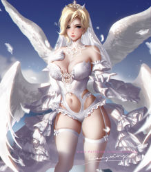 Rule 34 | 1girl, artist name, bare shoulders, blonde hair, blue background, blue eyes, blush, breasts, bridal veil, cleavage, closed mouth, clothing cutout, collarbone, commentary, detached sleeves, elbow gloves, english commentary, feathered wings, feathers, frills, garter straps, gloves, hand on own chest, highres, large breasts, leotard, liang xing, looking at viewer, mercy (overwatch), multiple wings, navel, navel cutout, outstretched arm, overwatch, overwatch 1, red lips, short hair, signature, skindentation, smile, solo, standing, strapless, strapless leotard, thighhighs, tiara, veil, waist cape, watermark, web address, white gloves, white leotard, white thighhighs, white wings, wings