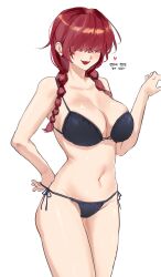 Rule 34 | 1girl, absurdres, alternate hairstyle, bikini, breasts, cleavage, dan koflove, hair over eyes, hand on own hip, heart, highres, large breasts, legs, navel, open mouth, red hair, shermie (kof), smile, snk, solo, swimsuit, the king of fighters, thighs