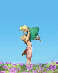 Rule 34 | 1boy, 1girl, armor, arms up, belt, blonde hair, blue sky, clear sky, covered face, day, dress, field, flower, flower field, fringe trim, from side, fumetsu no anata e, green dress, gugu (fumetsu no anata e), half updo, happy, hetero, holding, holding flower, honla, lifting person, light particles, long hair, mask, nature, outdoors, pants, profile, purple flower, rean cropp, shoes, shorts, shoulder armor, sky, standing, toned, toned male, topless male