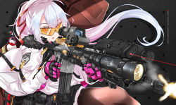 Rule 34 | 1girl, an/peq-2, assault rifle, black pantyhose, bow, cutoffs, fatkewell, female commander (girls&#039; frontline), firing, girls&#039; frontline, gloves, grey background, griffin &amp; kryuger, gun, holding, holding gun, holding weapon, jacket, laser, laser pointer projection, laser sight, long hair, motion blur, muzzle flash, open clothes, open jacket, pantyhose, pink gloves, red bow, red eyes, rifle, safety glasses, solo, weapon, white hair