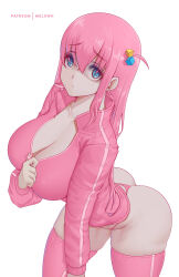 Rule 34 | 1girl, absurdres, aqua eyes, artist name, ass, bent over, bocchi the rock!, breasts, cleavage, collarbone, commentary, cube hair ornament, gotoh hitori, hair between eyes, hair ornament, hair over eyes, highres, huge breasts, jacket, long hair, long sleeves, looking at viewer, melowh, one side up, open clothes, open jacket, panties, patreon username, pink hair, pink jacket, pink panties, pink theme, pink thighhighs, simple background, sleeves past wrists, solo, thighhighs, thighs, thong, track jacket, underwear, unzipping, white background, zipper pull tab