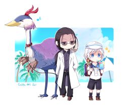Rule 34 | 2boys, backpack, bag, bird, black hair, blue eyes, blue sky, chadley (ff7), drink, final fantasy, final fantasy vii, final fantasy vii remake, glasses, highres, lab coat, leash, looking at another, male focus, multiple boys, nanao (zonzonsh), palm tree, ponytail, professor houjou, shorts, sky, square enix, tree, white hair