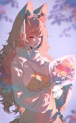 Rule 34 | 1girl, :d, ^ ^, absurdres, ahoge, animal ear fluff, animal ears, bouquet, breasts, choppy bangs, cleavage, closed eyes, cropped legs, dress, fang, flower, fox ears, fox girl, fox tail, foxplushy, highres, holding, holding bouquet, indie virtual youtuber, large breasts, long hair, open mouth, shrug (clothing), smile, tail, vivixstar, wavy hair, white shrug, yellow dress