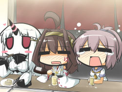 Rule 34 | 10s, 3girls, = =, abyssal ship, ahoge, alcohol, aoba (kancolle), bare shoulders, beer, blank eyes, blush, breasts, brown hair, claws, comic, commentary, crying, detached sleeves, double bun, dress, eating, goma (gomasamune), hair ornament, hairband, headgear, horns, japanese clothes, kantai collection, kongou (kancolle), large breasts, long hair, multiple girls, nontraditional miko, open mouth, pale skin, ponytail, purple hair, red eyes, ribbed dress, school uniform, seaport princess, serafuku, short hair, single horn, table, tears, upper body, very long hair, white hair