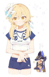 Rule 34 | 1boy, 1girl, blonde hair, blue shirt, blue shorts, breasts, character print, closed mouth, commentary request, cowboy shot, cropped legs, crossed arms, cyno (genshin impact), dark-skinned male, dark skin, detached sleeves, egyptian clothes, flower, genshin impact, hair between eyes, hair flower, hair ornament, hair over one eye, lumine (genshin impact), medium breasts, moyori, paimon (genshin impact), parted lips, raglan sleeves, red eyes, shirt, short hair with long locks, short shorts, short sleeves, shorts, simple background, sparkle print, thighs, translation request, white flower, white shirt, yellow eyes