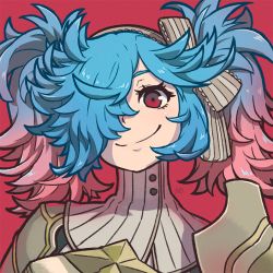 Rule 34 | 1girl, armor, blue hair, bow, closed mouth, eyebrows, eyelashes, fire emblem, fire emblem fates, gradient hair, grey bow, grey hairband, hair over one eye, hairband, long hair, messy hair, multicolored hair, nintendo, peri (fire emblem), pink hair, red background, red eyes, reiesu (reis), simple background, smile, solo, striped, striped bow, turtleneck, twintails, two-tone hair