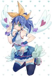 Rule 34 | 1girl, :p, blue angel, blue angel (cosplay), blue hair, blue necktie, cosplay, earrings, green eyes, hair ribbon, heart, heart earrings, highres, jewelry, kaya rio, looking at viewer, multicolored hair, necktie, ponytail, ribbon, serena (yu-gi-oh!), skirt, sleeveless, smile, solo, thighhighs, tongue, tongue out, two-tone hair, wings, yu-gi-oh!, yu-gi-oh! arc-v, yu-gi-oh! vrains, yuu-gi-ou, yuu-gi-ou vrains