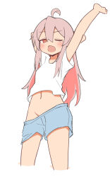Rule 34 | ahoge, boxers, caraku, commentary request, highres, hip bones, long hair, loose clothes, male underwear, multicolored hair, navel, one eye closed, onii-chan wa oshimai!, oyama mahiro, shirt, stretching, underwear, white background, white shirt