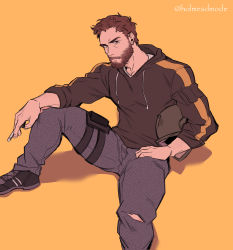 Rule 34 | 1boy, absurdres, bara, beard, brown hoodie, character request, check character, cigarette, facial hair, foot out of frame, frown, grey pants, highres, holding, holding cigarette, holmy (holmesdmode), hood, hoodie, male focus, mature male, muscular, muscular male, original, pants, pectorals, short hair, sleeves rolled up, solo, spread legs, thick thighs, thighs