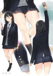 Rule 34 | 1girl, ama mitsuki, arm support, artist name, black hair, black legwear, black necktie, black skirt, blazer, blouse, breasts, buttons, closed eyes, commentary request, cowboy shot, dated, full body, jacket, loafers, long hair, looking up, medium breasts, miniskirt, multiple views, necktie, original, pleated skirt, school uniform, shirt, shoes, simple background, sitting, skirt, sleeves past wrists, thighs, white shirt