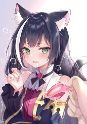 Rule 34 | 1girl, 1other, animal ears, bare shoulders, black hair, blush, cat ears, cat girl, cat tail, commentary request, detached sleeves, dress, drooling, fang, food, green eyes, hair between eyes, hand up, highres, holding, holding food, holding spoon, karyl (princess connect!), long hair, looking at viewer, multicolored hair, neco meito, pov, princess connect!, solo focus, spoon, streaked hair, tail, trembling, twintails, two-tone hair, upper body, white hair