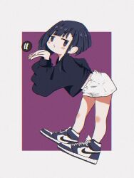 Rule 34 | 1girl, bare legs, black eyes, black hair, black sweater, blowing kiss, border, commentary, from side, full body, hand up, highres, leaning forward, long sleeves, looking at viewer, looking to the side, midriff peek, nao97122, nike (company), original, outside border, puckered lips, purple background, shoes, short hair, shorts, simple background, sneakers, solo, standing, sweater, white border, white footwear, white shorts