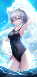 Rule 34 | 1girl, absurdres, animal ear fluff, animal ears, black one-piece swimsuit, blue archive, blue eyes, blue sky, breasts, cloud, competition swimsuit, contrapposto, covered navel, cross hair ornament, day, extra ears, grey hair, hair ornament, halo, highres, innertube, looking at viewer, low ponytail, medium breasts, medium hair, mismatched pupils, multicolored clothes, multicolored swimsuit, one-piece swimsuit, outdoors, shiroko (blue archive), shiroko (swimsuit) (blue archive), sky, soaking feet, solo, swim ring, swimsuit, usagi (786113654), water, water drop