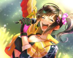 Rule 34 | 1girl, arm up, black hair, black shirt, blush, breasts, bustier, cleavage, closed eyes, collarbone, concert, cropped jacket, diagonal bangs, dutch angle, gloves, hair ornament, hayase sou, highres, holding, holding microphone, jacket, jewelry, large breasts, long hair, long sleeves, microphone, music, naka 7773, necklace, nijisanji, open clothes, open jacket, open mouth, orange jacket, shirt, side ponytail, singing, smile, solo, sparkle, sweat, textless version, upper body, virtual youtuber, x hair ornament