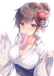 Rule 34 | 1girl, absurdres, blush, breasts, brown eyes, brown hair, cleavage, closed mouth, collarbone, commentary request, floral print, flower, gomano rio, hair bun, hair flower, hair ornament, hands up, highres, huge filesize, japanese clothes, kimono, large breasts, long sleeves, looking at viewer, mouth hold, obi, orange flower, original, print kimono, red flower, sash, simple background, single hair bun, smile, solo, upper body, white background, white kimono, wide sleeves, yukata
