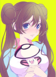 Rule 34 | 1girl, between breasts, blue eyes, blue shirt, bow, breast press, breasts, brown hair, cheek squash, closed mouth, creatures (company), double bun, foongus, game freak, gen 5 pokemon, holding, large breasts, long hair, looking at viewer, mokorei, mushroom, nintendo, no pupils, own hands together, pink bow, poke ball print, poke ball theme, pokemon, pokemon (creature), pokemon adventures, raglan sleeves, rosa (pokemon), sad, shirt, simple background, solo, twintails, upper body, white shirt, rosa (pokemon), yellow background