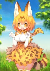 Rule 34 | 10s, 1girl, animal ear fluff, animal ears, bare shoulders, blonde hair, blush, bow, bowtie, breasts, cat ears, cat tail, day, elbow gloves, gloves, grass, hands up, highres, kemono friends, mamuru, medium breasts, open mouth, serval (kemono friends), serval print, serval tail, short hair, skirt, sky, sleeveless, smile, solo, tail, thighhighs