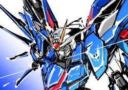 Rule 34 | blue background, blue eyes, commentary, gradient background, gundam, gundam seed, gundam seed freedom, highres, kazuu, mecha, mobile suit, monochrome, no humans, rising freedom gundam, robot, solo, upper body, v-fin, white background, wings