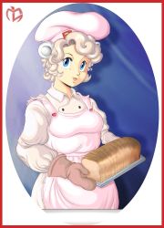 Rule 34 | 1girl, animal ears, apron, bear ears, blue eyes, bread, breasts, chef hat, chef, food, grey hair, hat, humanization, luichi88, mascot, mittens, pale skin, simple background, uniform, white hair