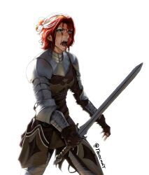 Rule 34 | 1girl, armor, blood, blood on face, fingerless gloves, gloves, gorget, green eyes, highres, holding, holding sword, holding weapon, leather armor, leg armor, open mouth, original, overexposure, pauldrons, phoenix print, red hair, rerebrace, saliva, scratches, short ponytail, shoulder armor, shouting, simple background, solo, sweat, sword, tbocart, teeth, twitter username, vambraces, weapon, white background