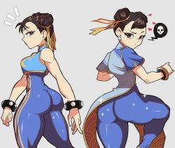 Rule 34 | 1girl, absurdres, ass, bodysuit, bracelet, brown eyes, brown hair, capcom, chinese clothes, chun-li, eyeshadow, highres, jewelry, makeup, mg991998, crop top, sparkle, spiked bracelet, spikes, street fighter, thick thighs, thighs