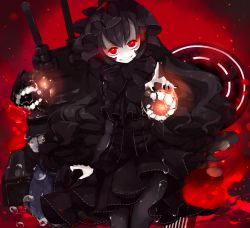 Rule 34 | 10s, 1girl, abyssal ship, black dress, black hair, black nails, black pantyhose, dress, escort fortress (kancolle), frilled dress, frills, glowing, glowing eyes, gothic lolita, highres, isolated island oni, kantai collection, lolita fashion, long hair, looking at viewer, nail polish, oluha, pale skin, pantyhose, red eyes, smile, solo