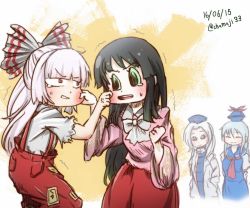 Rule 34 | 4girls, anger vein, arms behind back, black hair, blue dress, blue eyes, blue hair, blunt bangs, bow, bowtie, chamaji, cheek pinching, clenched hand, closed eyes, commentary request, dated, dress, eyebrows, fujiwara no mokou, green eyes, hands in pockets, hat, houraisan kaguya, kamishirasawa keine, lab coat, long hair, multiple girls, nurse cap, one-hour drawing challenge, open mouth, pants, pinching, pink shirt, ponytail, red eyes, red pants, red skirt, shirt, short sleeves, skirt, smile, suspenders, tears, torn clothes, torn sleeves, touhou, trembling, twitter username, white bow, white bowtie, white hair, wide sleeves, yagokoro eirin