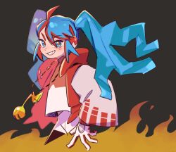 Rule 34 | 1girl, blue eyes, blue hair, blush, creatures (company), cropped torso, fire miku (project voltage), game freak, gloves, hatsune miku, headphones, highres, jewelry, long hair, long sleeves, looking at viewer, necklace, nintendo, pokemon, ponytail, project voltage, red pupils, shirt, solo, ukata, vocaloid, white gloves, white shirt