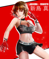 Rule 34 | 1girl, braid, breasts, brown hair, cleavage, cowboy shot, creamykisses, female focus, gloves, highres, lips, looking at viewer, medium breasts, midriff, niijima makoto, persona, persona 5, persona 5: dancing star night, persona dancing, pinup (style), red eyes, short hair, signature, skirt, smile, solo