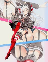 Rule 34 | 1girl, amatsukaze (kancolle), arms up, ass, black panties, blush, breasts, brown eyes, dress, fang, garter straps, gloves, grey hair, hair tubes, highres, kantai collection, long hair, looking at viewer, multiple views, open clothes, open mouth, open shirt, panties, rensouhou-kun, sailor dress, short dress, small breasts, smile, smokestack hair ornament, thigh gap, thighhighs, two side up, underwear, watanabe yoshihiro, white gloves