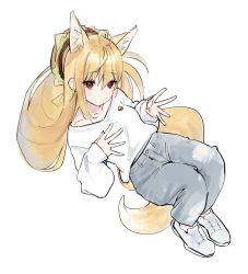 Rule 34 | 1girl, absurdres, ahoge, animal ears, blonde hair, closed mouth, food-themed clothes, fox ears, fox girl, fox tail, full body, grey pants, hat, highres, long hair, long sleeves, original, pants, puffy long sleeves, puffy sleeves, shirt, shoes, simple background, sleeves past wrists, solo, syhan, tail, very long hair, white background, white footwear, white shirt