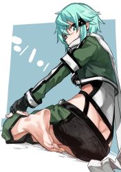 Rule 34 | 1girl, ass, barefoot, black gloves, black shorts, blue eyes, blue hair, breasts, butt crack, character name, closed mouth, clothing cutout, cropped jacket, eyebrows hidden by hair, feet, female focus, fingerless gloves, from behind, full body, gloves, green jacket, green thighhighs, hair between eyes, hair ornament, hairclip, highres, jacket, long scarf, looking at viewer, looking back, matching hair/eyes, medium breasts, messy hair, muchi maro, scarf, short hair, short shorts, shorts, sidelocks, sinon, sitting, soles, solo, sword art online, thighhighs, toes, white scarf