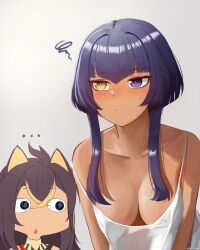 Rule 34 | ..., 2girls, :&lt;, :o, blonde hair, blue eyes, blue hair, blush, breasts, camisole, candace (genshin impact), casual, chibi, chibi inset, collarbone, dark-skinned female, dark skin, dehya (genshin impact), downblouse, genshin impact, hair ears, hair intakes, heterochromia, highres, large breasts, long hair, looking at breasts, mockingeu, multicolored hair, multiple girls, nose blush, open mouth, purple eyes, short hair with long locks, squiggle, strap slip, two-tone hair, v arms, white background, white camisole, wide oval eyes, yellow eyes