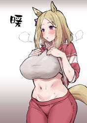 Rule 34 | 1girl, animal ears, blonde hair, blush, breasts, commentary request, cowboy shot, ear ornament, gradient background, grey sports bra, highres, horse ears, horse girl, horse tail, jacket, large breasts, long sleeves, looking at viewer, medium hair, midriff, narita top road (umamusume), navel, open clothes, open jacket, open mouth, pants, purple eyes, red jacket, red pants, shimiya (aokuchi), solo, sports bra, tail, tracen training uniform, track jacket, track pants, umamusume