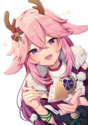 Rule 34 | 1girl, animal ears, antlers, blush, bow, cake, christmas, commentary request, crossed bangs, food, fork, fur collar, genshin impact, hair bow, highres, holding, holding fork, horns, japanese clothes, long hair, looking at viewer, pink hair, pom pom (clothes), purple eyes, shirase (shirose), simple background, solo, upper body, white background, yae miko
