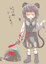 Rule 34 | 2girls, animal ears, black hair, blood, blood on clothes, blood in hair, boots, dying, closed eyes, female focus, gaoo (frpjx283), guro, injury, kenshin dragon quest, mouse ears, mouse tail, multiple girls, murasa minamitsu, nazrin, parted lips, silver hair, tail, touhou, toy sword