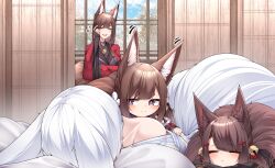 Rule 34 | 4girls, absurdres, akagi-chan (azur lane), amagi-chan (azur lane), amagi (azur lane), animal ears, azur lane, bare shoulders, bell, black kimono, blush, brown hair, commentary, dated commentary, day, english commentary, eyeshadow, facing viewer, fox ears, fox girl, fox tail, hair bell, hair between eyes, hair ornament, hair over one eye, hairclip, hand on own cheek, hand on own face, highres, indoors, japanese clothes, kaga (azur lane), kimono, kimono pull, kitsune, long hair, looking at another, lying, lying on person, makeup, medium hair, mixed-language commentary, multiple girls, multiple tails, on stomach, purple eyes, red eyeshadow, red kimono, samip, sleeping, sleeping on person, slit pupils, smug, tail, teeth, upper teeth only, very long hair, white hair, white kimono