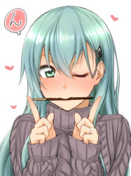 Rule 34 | 1girl, alternate costume, aqua eyes, aqua hair, blush, commentary request, food, food in mouth, hair ornament, hairclip, heart, jewelry, kantai collection, long hair, long sleeves, looking at viewer, mikagami sou, mouth hold, one eye closed, pocky, pocky day, ribbed sweater, ring, simple background, smile, solo, suzuya (kancolle), sweater, turtleneck, turtleneck sweater, upper body, wedding band, white background