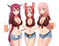 Rule 34 | 3girls, absurdres, alternate breast size, angelchama, animal ears, belt, black hair, blue eyes, breasts, cleavage, collarbone, cowboy shot, crop top, denim, denim shorts, english text, hair between eyes, hair down, hakos baelz, heterochromia, highres, hololive, hololive english, horns, hug, irys (hololive), large breasts, light blush, long hair, looking at viewer, matching outfits, medium breasts, mori calliope, mouse ears, multicolored hair, multiple girls, navel, open mouth, pink eyes, pink hair, plaid, purple hair, scoop neck, shirt, short shorts, shorts, simple background, stomach, streaked hair, tied shirt, very long hair, virtual youtuber, white background, white hair