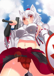 Rule 34 | 1girl, :&lt;, absurdres, animal ears, blue sky, blush, breasts, bridal gauntlets, cameltoe, cleft of venus, cloud, day, detached sleeves, from below, fundoshi, hat, highres, inubashiri momiji, japanese clothes, large breasts, long sleeves, midriff, navel, over shoulder, panties, pantyshot, partially visible vulva, red eyes, shield, shirt, sideboob, skirt, sky, solo, standing, sword, sword over shoulder, thighs, tokin hat, touhou, underwear, upskirt, weapon, weapon over shoulder, wide sleeves, wolf ears, wolflong