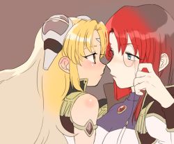 Rule 34 | 2girls, bare shoulders, blonde hair, blue eyes, brown eyes, eye contact, face-to-face, facial mark, forehead mark, forte stollen, galaxy angel, hair ornament, hakinikui kutsu no mise, hand on own cheek, hand on own face, head rest, long hair, looking at another, monocle, multiple girls, profile, ranpha franboise, red hair, sidelocks, simple background, yuri